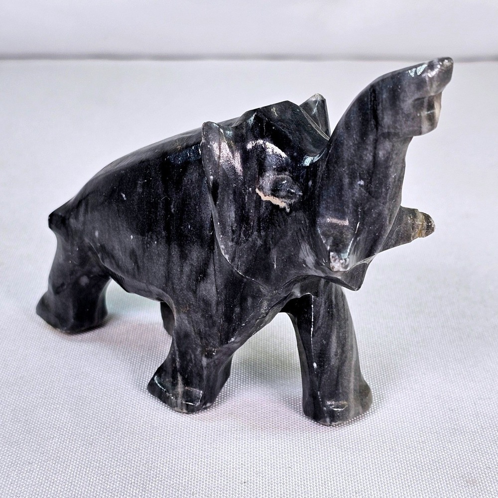 Vintage Hand Carved Soapstone Elephant Figurine Black Grey Marbled Stone 5 Inch